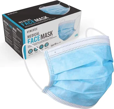Produktbild von HoMedics IIR Medizinische Einweg-Gesichtsmasken - Einweg-Schutzmaske, dreischichtige Atemschutzmaske, Mundschutz mit verstellbarem NasenbÃ1/4gel, hochwertige Außenschicht, Schutz vor Staub 50 Stck