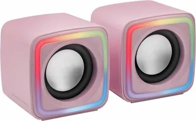 Two pink cube-shaped speakers with RGB lighting.