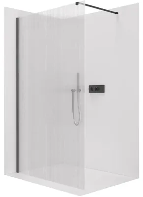 Productafbeelding van Douchewand Walk-in Onyx Cube L/P - 8 mm - vierkante steun - mat zwart, geribbeld glas - 50x200 cm