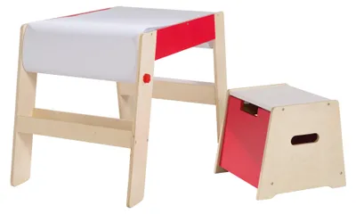 Obrázek produktu pro roba Sada stolku na malování a stoličky, dětský stolek a židle, dřevo přírodní/červená, psací stolek pro předškoláky vč. stoličky s rolí papíru