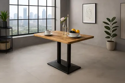 Produktbild von Bistrotisch Baumkante massiv Mango naturfarben Doppelsäulengestell schwarz 100 x 60 cm ISLA