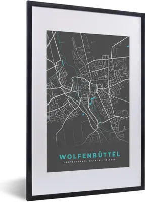 Produktbild von MuchoWow® Gerahmtes Poster Stadtplan - Deutschland - Blau - Wolfenbüttel - Karte 40x60 cm - Poster mit Schwarzem Bilderrahmen Wandposter Rahmen Foto Bilder - Poster in Rahmen