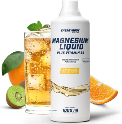 Produktbild von Energybody Systems Magnesium Liquid, Magnesium Flüssig hochdosiert, flüssiges Magnesium mit Vitamin B6, B1 und Niacin, Kiwi-Orange Geschmack