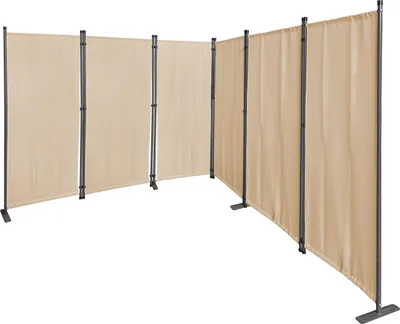 A beige fabric room divider with a metal frame, set up in a curved configuration against a white background.