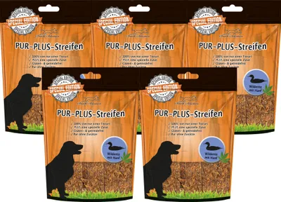 Produktbild von Schecker PUR Plus 5 x 100g Streifen Wildente - Hundesnack