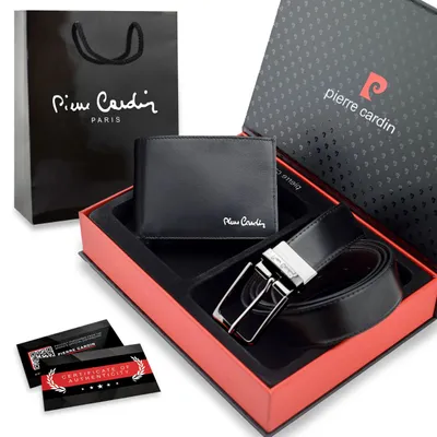 Zdjęcie produktu dla Pierre Cardin zestaw portfel i pasek męski skóra naturalna czarny czerwony 130cm RFID 12x9 cm