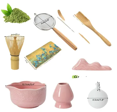 Image de Matcha-Teeset, balai en bambou, ensemble complet d'ustensiles pour la préparation du thé matcha, rose