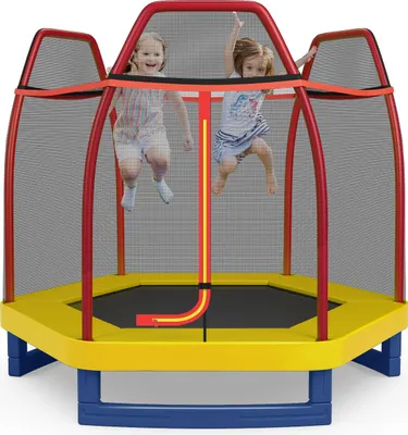 Produktbild von GOPLUS Ø223 cm Kindertrampolin mit Sicherheitsnetz, Freizeittrampolin mit Federauflage und Sprungmatte, Stabiler verzinkter Stahlrahmen, Orange