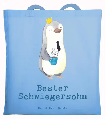 Produktbild von Mr. & Mrs. Panda Stoffbeutel Pinguin Bester Schwiegersohn - Sky Blue - Geschenk, Tochter, Hochzeit, Geschenkidee, Frau, Tasche, Tote Bag, Heirat, Jutebeutel, Dankeschön
