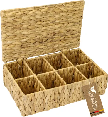 Produktbild von HMF Teebox für Teebeutel geflochten aus Wasserhyazinthe, Tee Aufbewahrungsbox mit 8 großen Fächern | 33 x 21 x 10 cm