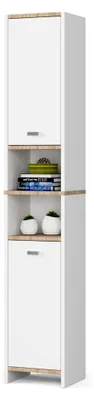 Produktbild von Bad-Hochschrank BETI 32 cm mit 2 Türen | Badsockel Praktisches Regal | Badezimmersäule Schränke | Ideal für kleine Bäder | B32 x H180 x T28 cm | Gewicht 24,70 kg | Weiß/Weiß