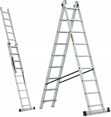 Two aluminum ladders are shown against a white background. One ladder is fully extended and leaning, while the other is in an A-frame configuration.