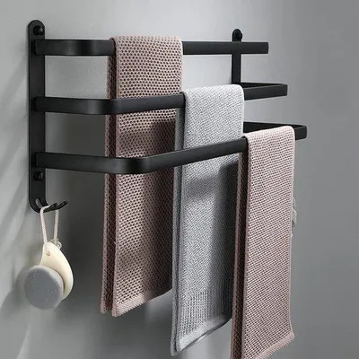 Immagine prodotto di Portasciugamani nero a 3 ripiani, 60 cm, da parete, in acciaio inossidabile