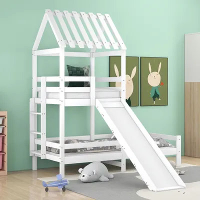 Produktbild von Merax Kinderbett 90x200cm mit Rausfallschutz und Dachform, Etagenbett mit Leiter und Rutsche, Hochbett   mit Lattenrost, Kiefer Jugendbett Spielturm