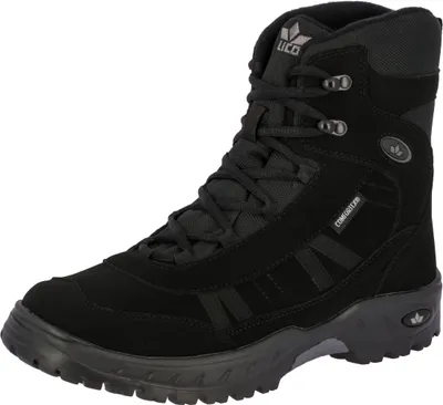 A black winter boot is shown against a white background.