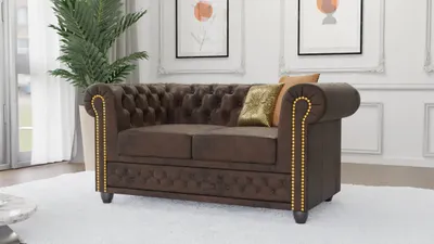 Produktbild von S-STYLE MÖBEL -Vibe- Chesterfield 2 sitzer Sofa mit Schlaffunktion aus Dunkelbraun Vintage Optik Microfaser mit Holzfüßen,B/T/H: 148 cm/ 86 cm / 72 cm