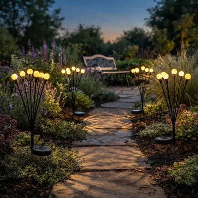 Produktbild von 4er-Set Solar Glühwürmchenlicht für Garten: 8 bewegliche Leuchtkugeln mit 2 Modi, Erdspiess für stimmungsvolle Gartenbeleuchtung, 65 cm Höhe, wetterfe