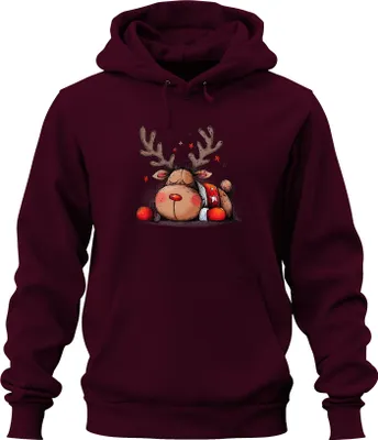 Immagine prodotto di Renna addormentata di Natale, naso rosso, corna, stelle, felpa con cappuccio Unisex, Borgogna, S