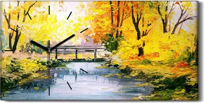 Produktbild von Wohnzimmer-Bild Leinwand Uhr 60x30 Malerei Wald Bäume Fluss Brücke Natur Kunst - schwarze Hände
