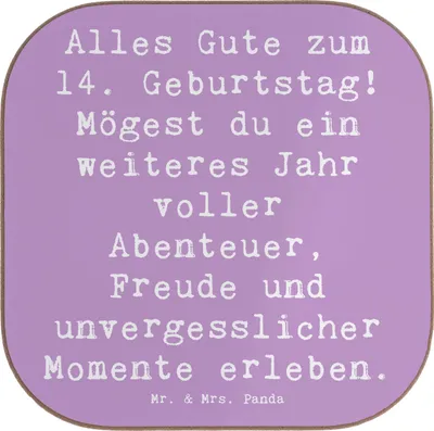 Produktbild von Mr. & Mrs. Panda Tischschoner Spruch 14. Geburtstag - Lavendeltraum - Geschenk, Geburtstagsparty, Happy Birthday, unvergessliche Momente, 14 Jahre, Tassenuntersetzer