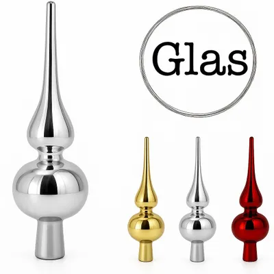 A collection of Christmas tree toppers in different colors and sizes, with the word 'Glas' in a circle above.