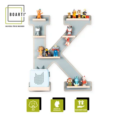 Produktbild von BOARTI Kinderregal Buchstabe K | hängend für Toniebox und Tonie Figuren | platzsparendes Regal | H. 54 x B. 45 x T. 19 | Wandregal Musikbox Figuren Aufbewahrung mit Magneteinsätzen | Aufbewahrungsregal Holz