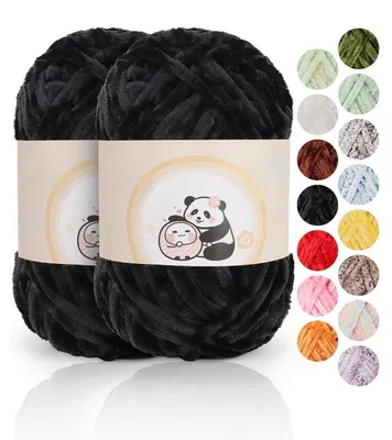 Zdjęcie produktu dla Wełna chenille, 2 sztuki po 100 g, bardzo miękka, przędza do szydełkowania, kolor: czarny, grubość: 6 mm, długość: 80 m