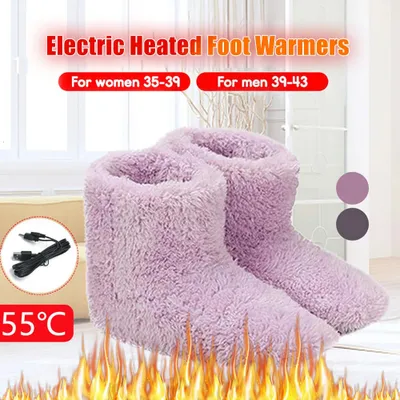 A pair of fluffy purple electric foot warmer boots are shown, with a cable and plug in the corner, and flames at the bottom.