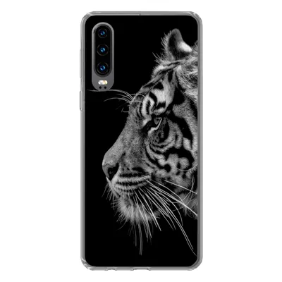 Produktbild von MuchoWow® Handyhülle Schutzhülle Hülle für Huawei P30 Tiger auf schwarzem Hintergrund in schwarz und weiß Silikon Softcase Handy Hülle - Kartenbesitzer