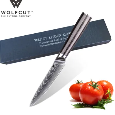 Zdjęcie produktu dla Uniwersalny nóż damasceński, ostrza 13 cm, 67 warstw stali damasceńskiej, czarne drewno Pakka z pudełkiem prezentowym firmy WOLFCUT