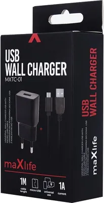 Produktbild von maXlife Netzteil Ladegerät 1A Micro-USB Kabel Ladekabel Reiseladegerät Steckdose 1m Kabel für Smartphones. Tablets, Samsung, HTC, LG, Huawei in Schwarz