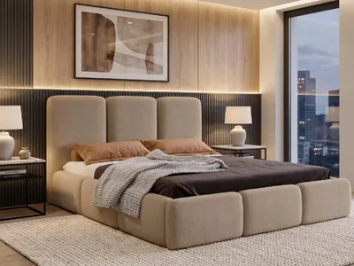 Produktbild von Polsterbett 200x200 cm mit Bettkasten VARDO, Stauraum und Metall-Lattenrost – Bouclé Stoff Beige