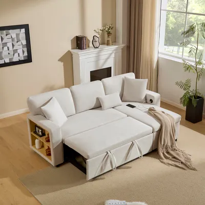 Image de OKWISH Canapé d’Angle Convertible avec Coffre de Rangement - Canapé-Lit Moderne, Tissu Oxford, Blanc, 214×131×85 cm