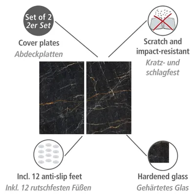 Produktbild von Herdabdeckung Glasabdeckplatten 2er Set 30x52cm Schwarz Marmor gehärtet
