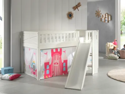Produktbild von VIPACK - Spielbett SCOTT, LF 90 x 200 cm, mit Rolllattenrost, Rutsche, Leiter und Textilset Vorhang "Princess"
