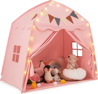Produktbild von DREAMADE Kinderspielzelt für bis zu 3 Kinder, multifunktionaler Kinderzelt mit 4 m Lichterkette, Wimpelbanner & 2 Seitenfenstern, 3-12 Jahren, pink