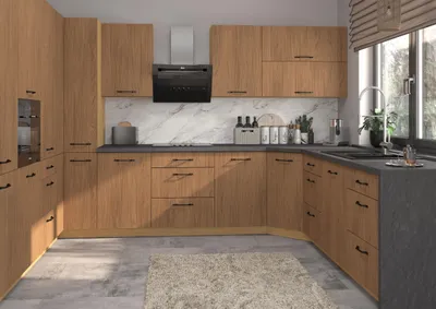 Produktbild von U-Form Küchenzeile CASELLA Einbauküche Holzoptik Farbe & Ausführung wählbar HETTICH InnoTech Atira Vollauszug Casella Eiche Natur braun Eiche Artisan