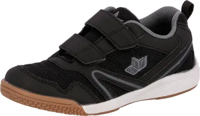 A single black athletic shoe with velcro straps is shown against a white background.