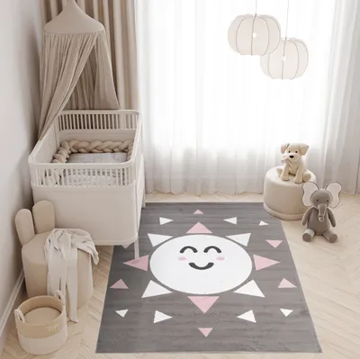 Obrázek produktu pro Koberec Dětský pokoj Obývací pokoj Ložnice Krátký vlas Moderní design Šedá Bílá Růžová Sun Dětský koberec na hraní  180 x 250 cm