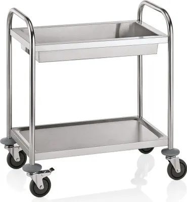 A stainless steel serving cart with two shelves and a tray on the top shelf, shown against a white background.