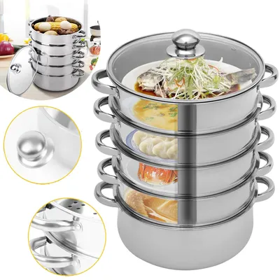 Produktbild von 5 Etagen Dampfkocher Mantowarka, Gar Dampftopf Edelstahl, Dampfkochtopf Induktion, Dampfkochtopf Gemüse, Mit Glasabdeckung