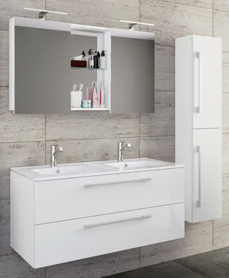 Produktbild von VCM 4-tlg. Doppel Waschplatz | 2x Waschtisch | Badmöbel Set mit Unterschrank, Waschbecken, Hochschrank und Spiegelschrank | Doppelwaschbecken | Komplettset Budasi SC