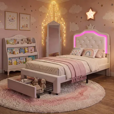 Obrázok produktu pre UnboxG detská postel 90x200 cm, biela – postel pre princezné s čalúneným čelom z umelého kožene, nastaviteľným LED osvetlením čela, zásuvkou na odkladanie a roštom