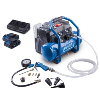 Produktbild von Scheppach Akku Kompressor C-ACT160/6-X - 20V | 8bar | 6L Kessel | 130l/min | inkl. 11-tlg. Zubehör-Set | inkl. 2x 2Ah Akku + 2,4A Doppelladegerät
