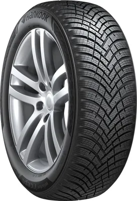 A close-up studio shot of a Hankook Winter I*Cept RS3 tire mounted on a silver alloy wheel, presented against a plain white background.