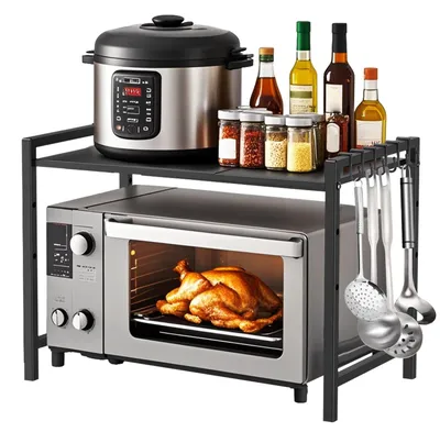 Obrázok produktu pre Polica na mikrovlnnú rúru – výsuvná kuchynská polica – 38–64 cm – uhlíková oceľ – 6 hákov – nosnosť 50 kg – bez vŕtania – čierna