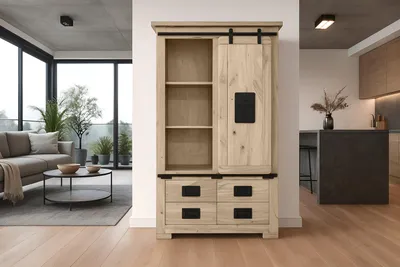Produktbild von Highboard Vitrine Akazie massiv eichenfarben 90 x 45 x 150 cm LIBRO