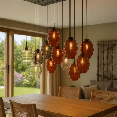 Produktbild von s.luce Echos Esszimmerlampe 12-flammig 200cm Baldachin 3-reihig, Ø 18cm Rauch 12-Flammig Oval, Länglich