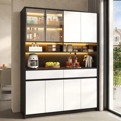 Produktbild von Merax Hochschrank mit LED Beleuchtung, Sideboard Schrank mit Schubladen und offenen Fächern, Vitrinenschrank mit Glastüren, Schwarz + Weiß