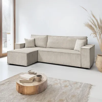 Image de Canapé d'angle Lea, salon, canapé-lit moderne, canapé 4 places, canapé d'angle, canapé rembourré, coffre de rangement, 247 cm, pouf universel, beige, Poso 02